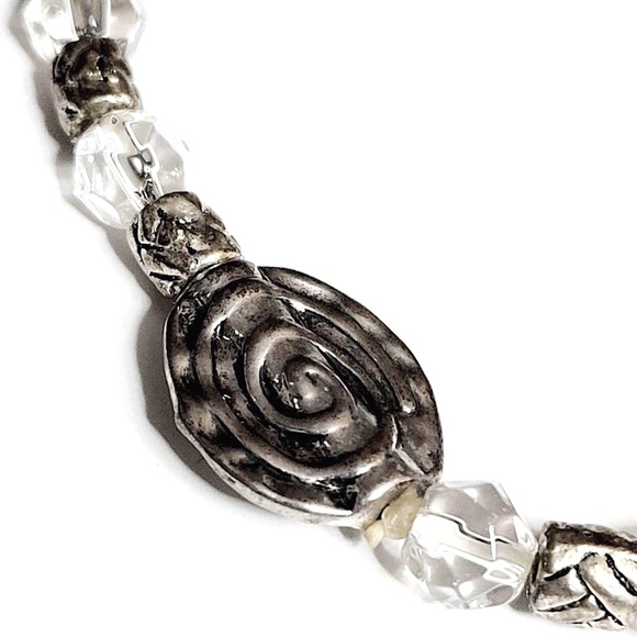 Vintage Handcrafted Heavy Silver Metal & Clear Crystal Beaded Bracelet 7" - Picture 3 of 6